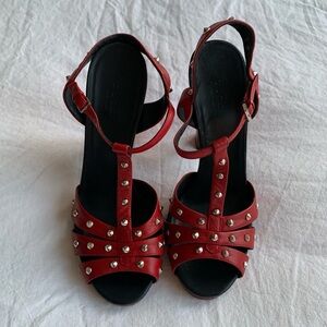 Gucci Melville Studded Leather Strappy T Strap Peep Toe Heels Red Silver